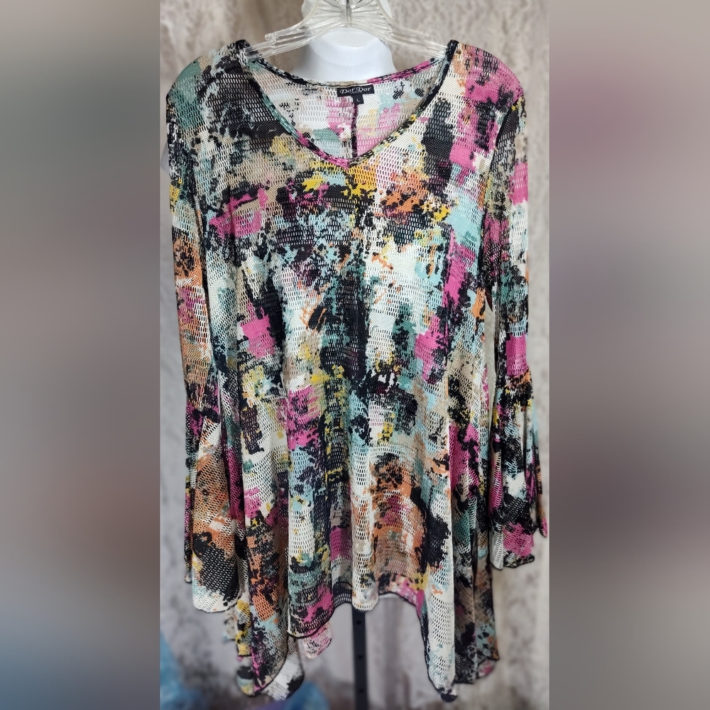 Dor Dor Couture Multicolor Abstract Print Opem Knit Tunic Top Women's NWOT